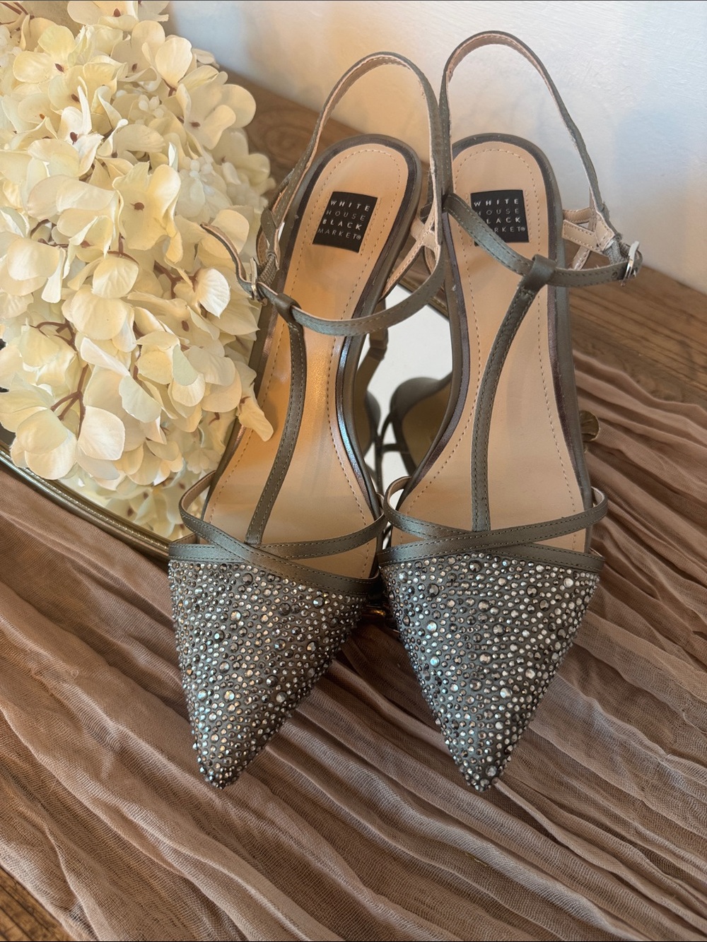 White House Black Market Taupe/ Greyish  Crystal Pointed Slingback Heels